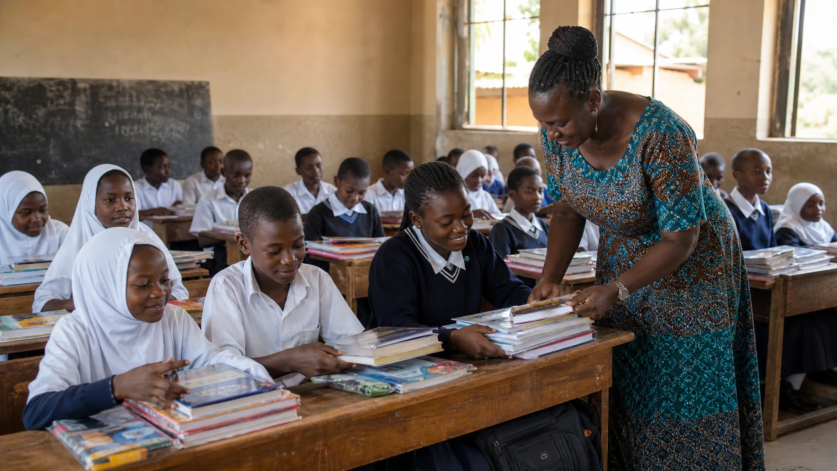 Ugandan students receiving books in their classroom